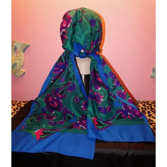 Vintage Purple & Blue Floral Scarf pinup retro rockabilly head wrap bow neck - Picture 9 of 10